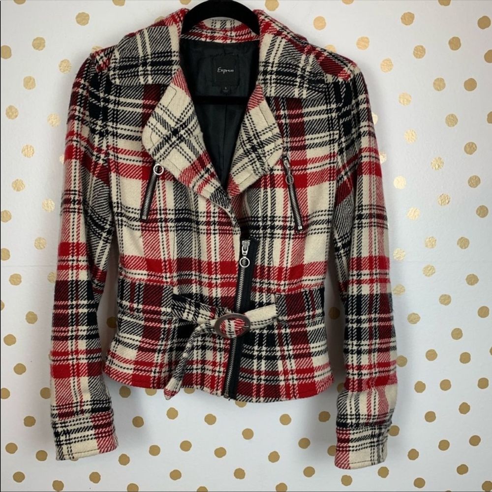 Express Jacket Wool Blend Crop Red Plaid Size S